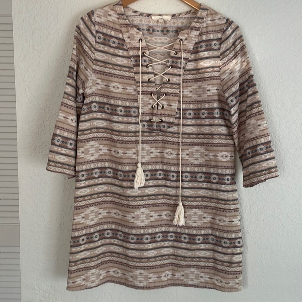 Entro Southwestern Print Dress Tassels Lace Up Western Aztec Cowgirl Mini